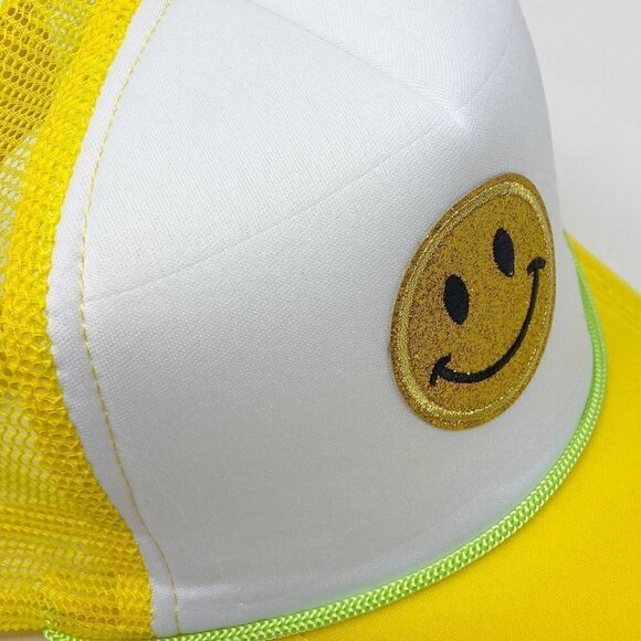 Yellow White Smiley Face Retro Trucker Snapback Hat Cap - Picture 15 of 15